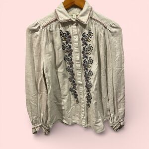 Cute Max Studio oatmeal flannel floral embroidered scandi cottagecore blouse